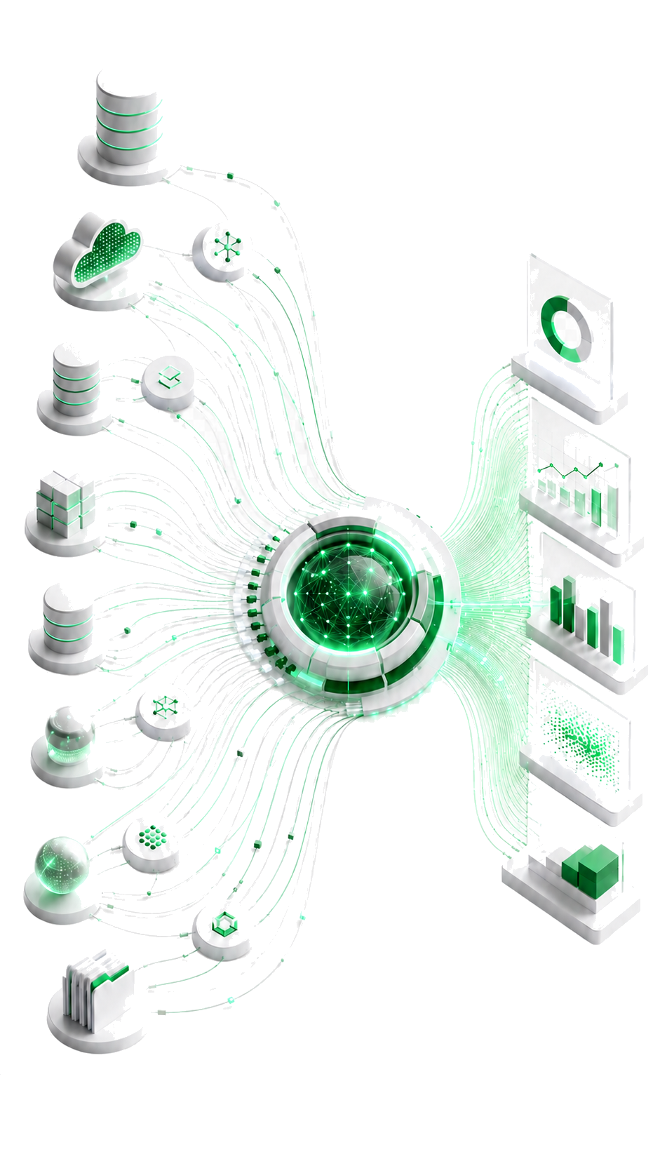 Connected data sources flowing into a central intelligence layer and business dashboards